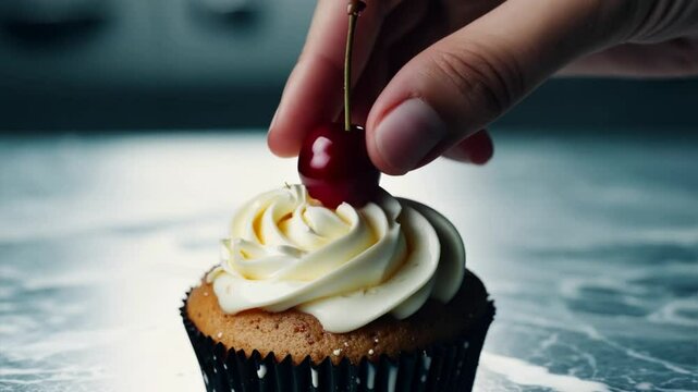 Putting a cherry on top of the cupcake decorated with white whipped cream