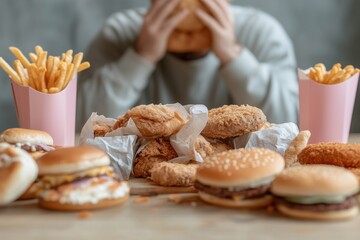 A mountain of fast food: A close-up shot of a table laden with an excessive amount of burgers, fries, and fried chicken, symbolizing the unhealthy consequences of overconsumption.