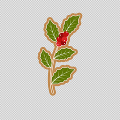 Cookies in the shape of a holly sprig isolated on a transparent background. Vector.
