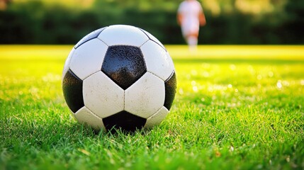 Fototapeta premium Soccer ball on green field. Recreation football equipment on grass. Sport game, outdoor competition, leisure activity. Ideal for athletic illustrations, team sport images, or dynamic lifestyle