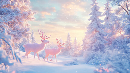 Two deer are walking through a snowy forest
