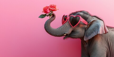 Playful elephant with heart-shaped sunglasses pink background fun