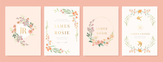Elegant wedding invitation card background vector. Minimal hand painted pink and peach watercolor botanical flowers texture. Design illustration for wedding, vip cover, poster, rsvp modern card.