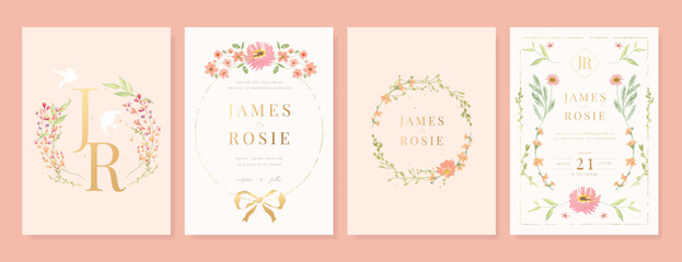 Elegant wedding invitation card background vector. Minimal hand painted pink and peach watercolor botanical flowers texture. Design illustration for wedding, vip cover, poster, rsvp modern card.