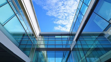 Obraz premium A modern architectural view showcasing glass facades and a clear blue sky.