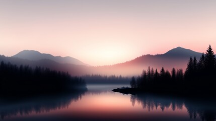 Obraz premium Serene sunrise over a calm lake surrounded by misty mountains and evergreen trees