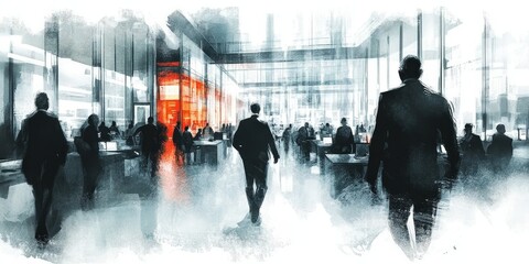 Corporate silhouette of people in an office. Business workspace, modern and professional. Illustration showcases collaboration and teamwork. Dynamic urban concept with interior architecture.
