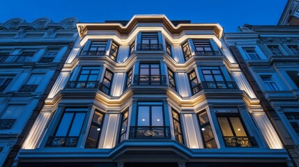 Obraz premium A beautifully illuminated building facade at dusk, showcasing architectural design.