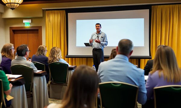 A speaker presents to an audience in a conference room setting.