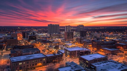 Obraz premium A vibrant sunset over a city, backgroundscape, highlighting buildings and streets illuminated by lights.