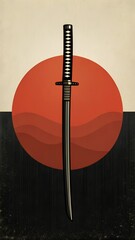  A minimalist Japanese katana illustration with a black hilt against a red circular sun and beige background. Perfect for modern art, Japanese culture, or martial arts themes.