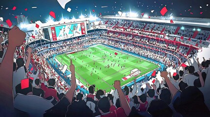 A stadium with a cheering crowd and vibrant soccer action. The bustling arena hosts an exciting match with lively sports energy. A digital and colorful illustration captures the competitive