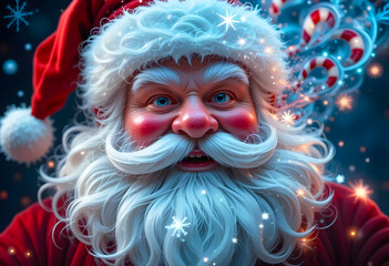 Santa Claus Face,His Beard Flows Into Swirling Frost Patterns,Glowing Snowflakes And Candy Canes Abstract  Art