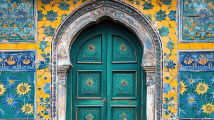 Obraz premium Ornate Green Wooden Door Framed by Vibrant Floral Mosaic Tile Artwork in Design Featuring Yellow and Blue Patterns Against Historic Architecture