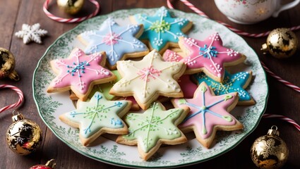 Fototapeta premium Festive plate of decorated Christmas cookies in star shapes with pastel colors and intricate icing.
