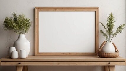 Wooden Frame Mockup with Plants and Vases on Table
