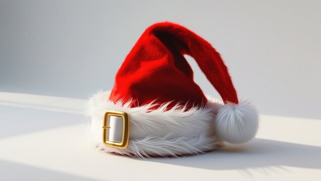 A high-resolution PNG image of a vibrant, fire-engine red Christmas Santa Claus hat with a soft, fluffy white fur trim and a golden-colored buckle, isolated against a crisp, clear, and transparent bac