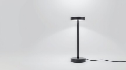 Minimalist black desk lamp with a sleek design on a gray background