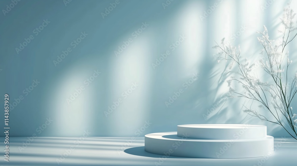 Poster elegant minimalist display with circular podiums and soft lighting in a serene setting