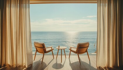 Naklejka premium Coastal Serenity Tranquil Ocean View Room with Cozy Seating and Warm Sunlight