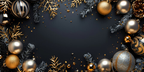 Golden Christmas background with festive ornaments and glowing lights,Generated By Ai