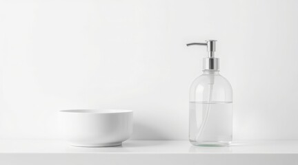 Clear glass soap dispenser and white bowl on a minimalist white surface