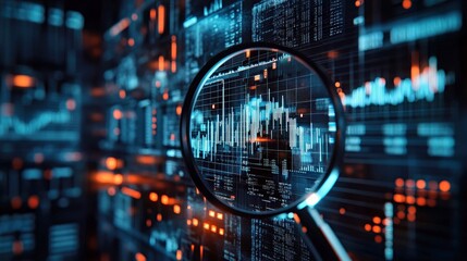 Futuristic analytics in digital finance chart. Analysis of finance data and market research for economy insights. Digital investment technology, strategy, and precision. Visualization of trends for