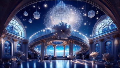 Obraz premium Grand Ballroom with Crystal Chandeliers, Marble Floors, and Floating Stars