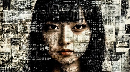 Conceptual Japanese portrait reveals female through newspaper and typography. Art and mysterious expression with deep eyes. Artistic cultural, embodies intriguing identity. Perfect for editorial or