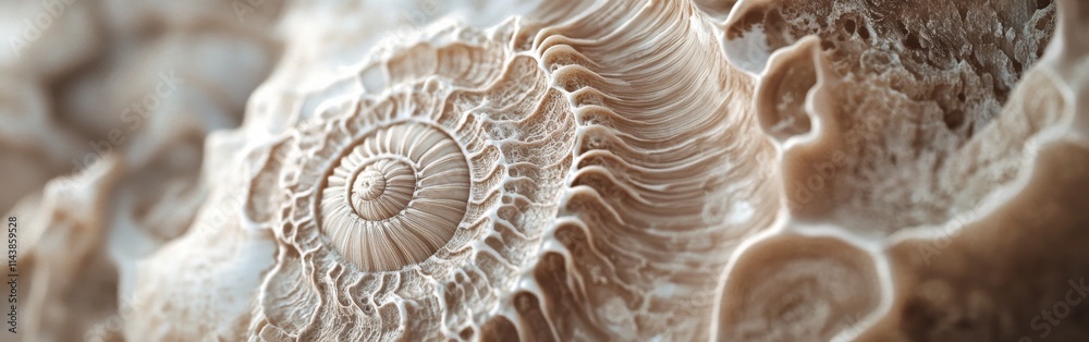 Aufkleber Close-up view of a textured seashell revealing intricate natural patterns and warm colors
