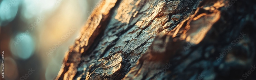 Aufkleber textured close-up of ancient tree bark highlighting intricate patterns and natural colors in a fores