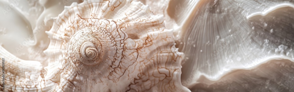 Poster Close-up view of a beautifully textured seashell highlighting intricate patterns and natural colors found on coastal shores