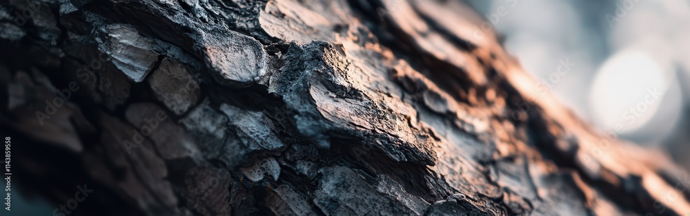 Poster Close-up view of textured bark on an old tree in a serene forest setting during soft twilight