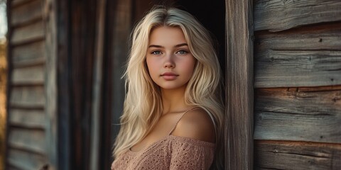 Fototapeta premium Adorable young blonde girl poses confidently in front of a rustic wooden house, showcasing her charm and character against the backdrop of the cozy wooden house atmosphere.