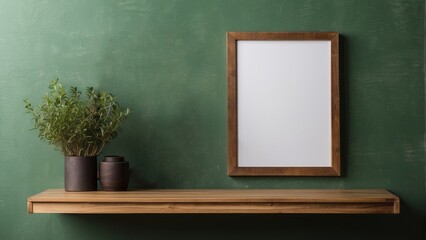 Wooden shelf with plant pots and blank frame against green wall