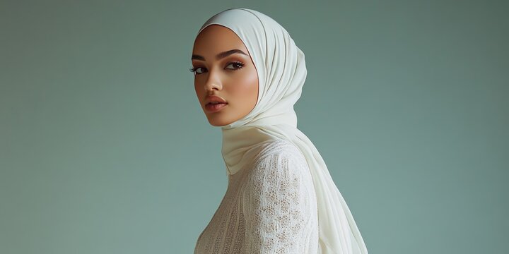 Hijab beauty and fashion concept featuring a stunning model in a modern kurung and hijab, showcasing a variety of editorial poses in a studio photoshoot. Full length portrait highlights hijab fashion.