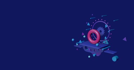 Pink torus on a pedestal of abstract geometric shapes floating in the air. Abstract concept art with flying shapes on the right. 3d illustration on indigo background