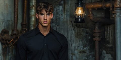 Portrait of a young man in a black shirt set against a backdrop of industrial pipes and a lantern, capturing the essence of modern style and unique atmosphere in this striking portrait.