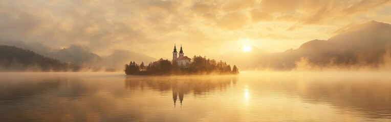 Sunrise illuminates the serene beauty of Lake Bled in Slovenia with mist over water and a distant island church
