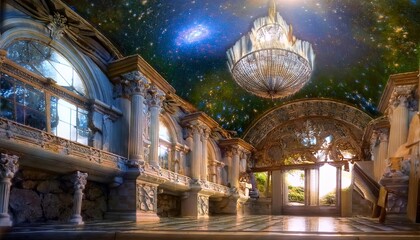Obraz premium Grand Ballroom with Crystal Chandeliers, Marble Floors, and Floating Stars