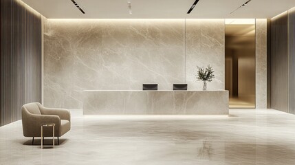 Modern reception area with elegant marble wall, stylish seating, and minimalist design, perfect for corporate and luxury settings showcasing sophistication and professionalism.