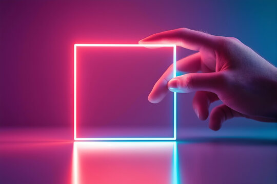A hand reaching for a glowing neon square against a colorful gradient background, representing innovation and technology.