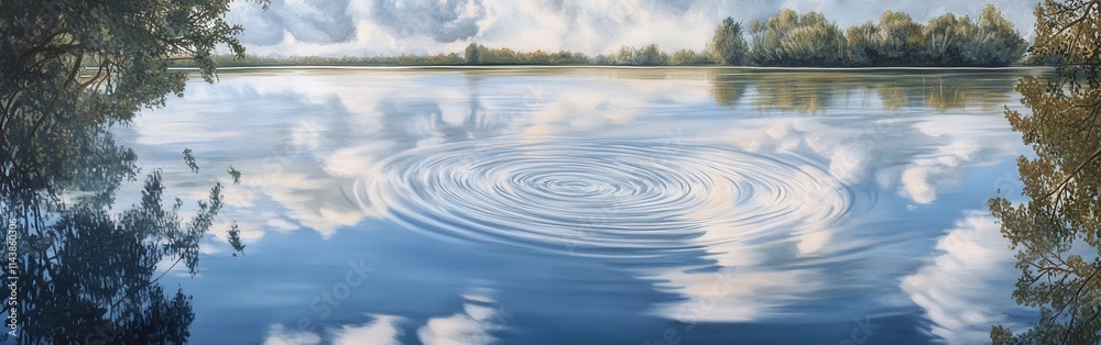 Poster soft ripples gently expand across a tranquil water surface reflecting clouds and trees under a brigh