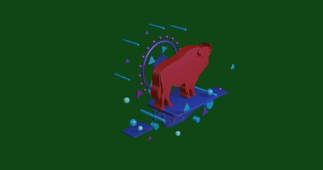 Red buffalo symbol on a pedestal of abstract geometric shapes floating in the air. Abstract concept art with flying shapes in the center. 3d illustration on green background