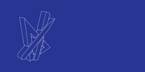 The outline of a large school supplies symbol made of white lines on the left. 3D view of the object in perspective. Vector illustration on indigo background