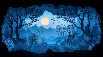 Stunning Paper Cut Underwater Forest, A Deep Blue Dreamlike Scene of Coral Reefs and Trees