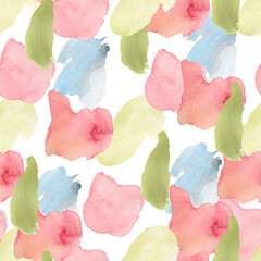 Watercolor seamless pattern with paint spots on white isolated background. Abstract, watery repetitive pattern. Design for textiles, wrapping paper and wallpaper.