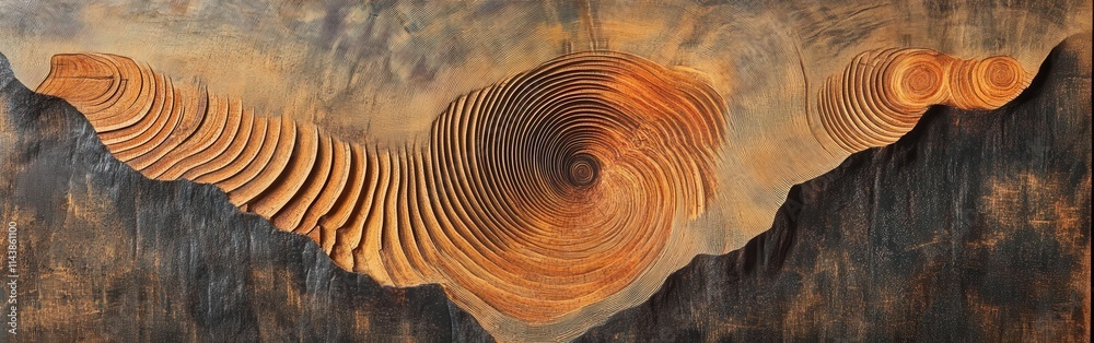 Poster cross-section reveals intricate patterns of tree rings illustrating growth over decades in a forest 