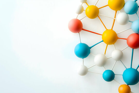 A colorful molecular structure with interconnected spheres on a light background, representing scientific concepts like chemistry and biology.