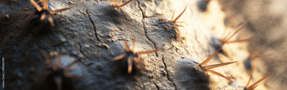 Poster close-up view of a cactus surface highlighting intricate textures and sharp spines in natural sunlig